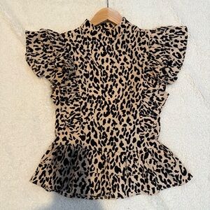 Leopard Print Ruffle Sleeve Top - Tan & Black